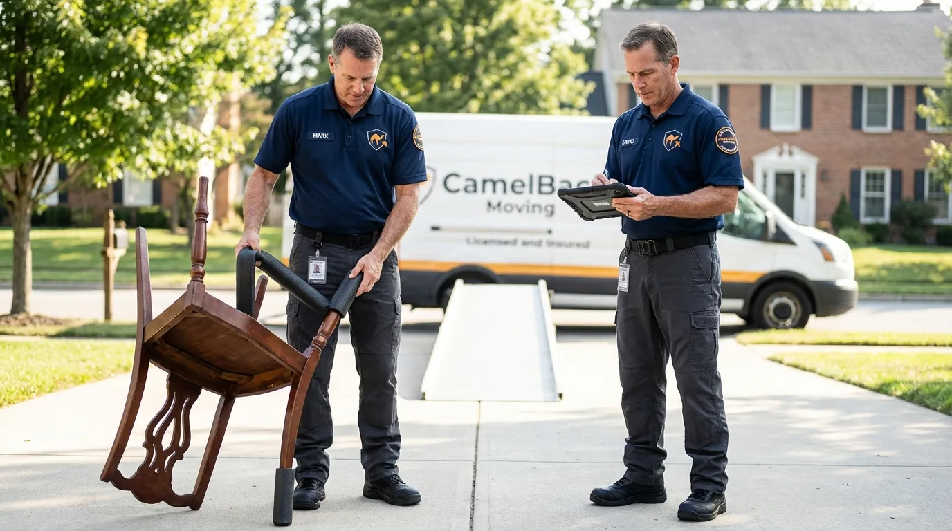 Movers inspecting furniture for damage prevention before loading in Manassas, VA
