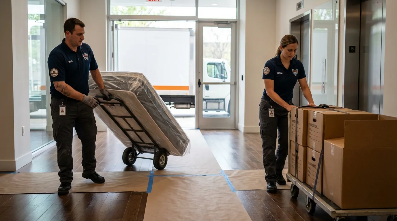 Professional apartment movers loading elevator in Manassas, VA